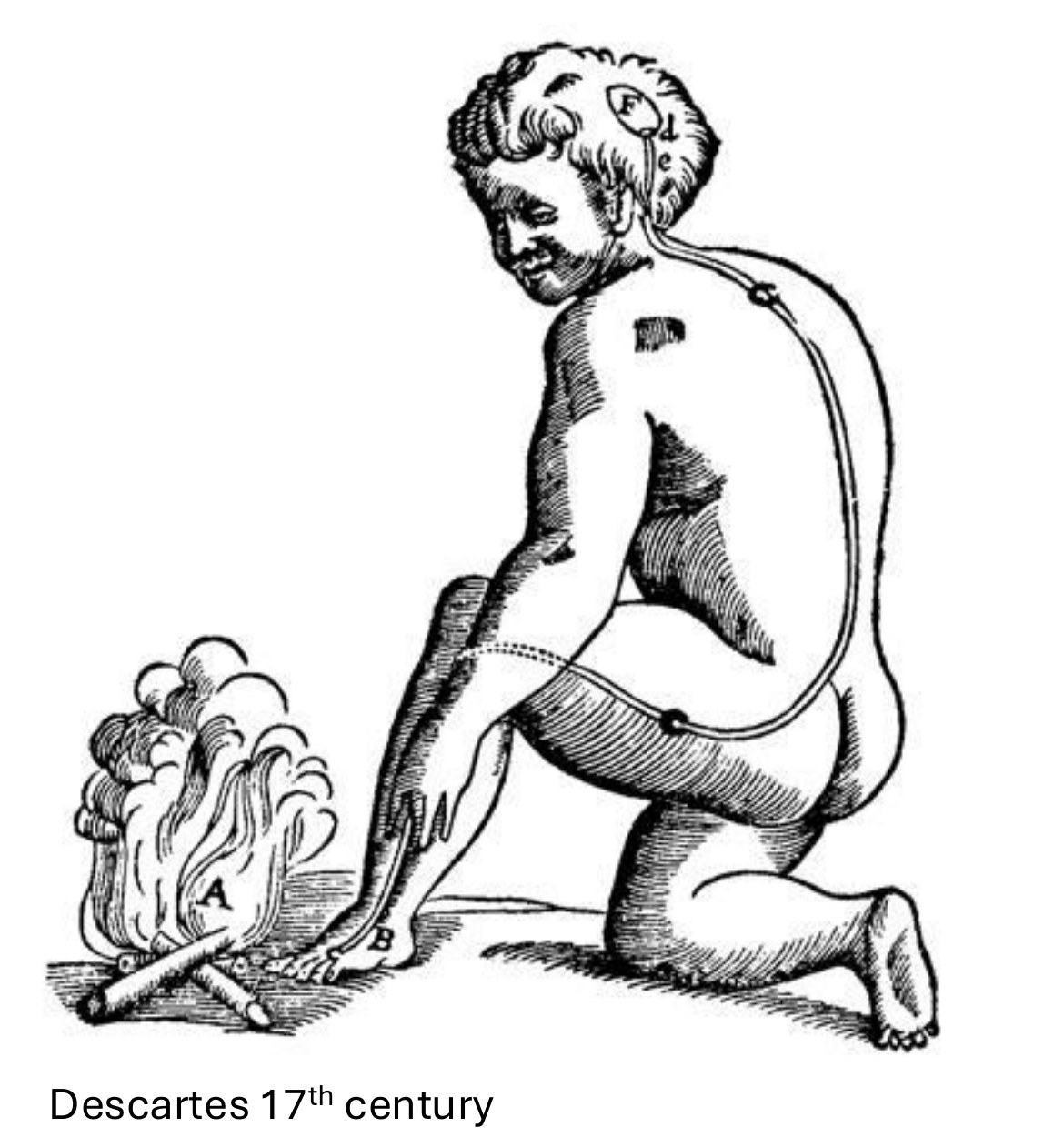 Descartes' 17th-century engraving of a kneeling figure with a thread running from foot to brain